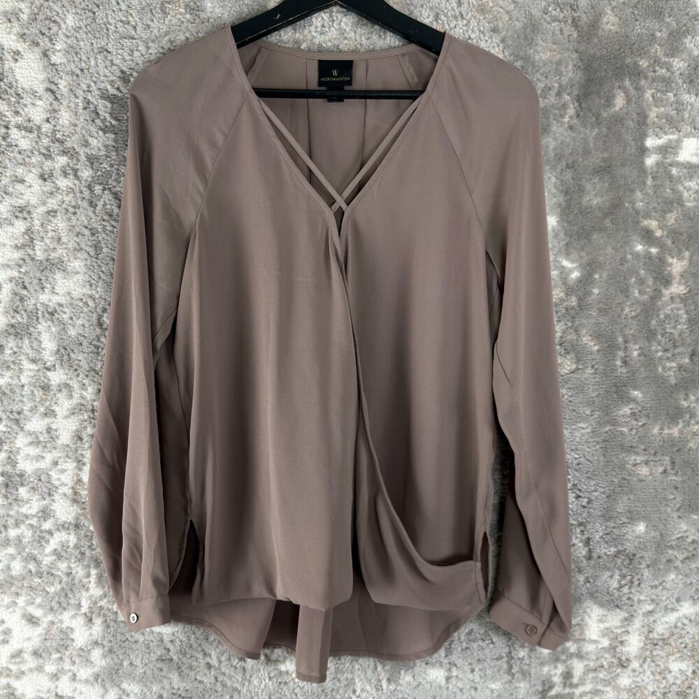 Worthington Size S‎ Minimalist V Neck Casual Top Gray Long Sleeve Pullover